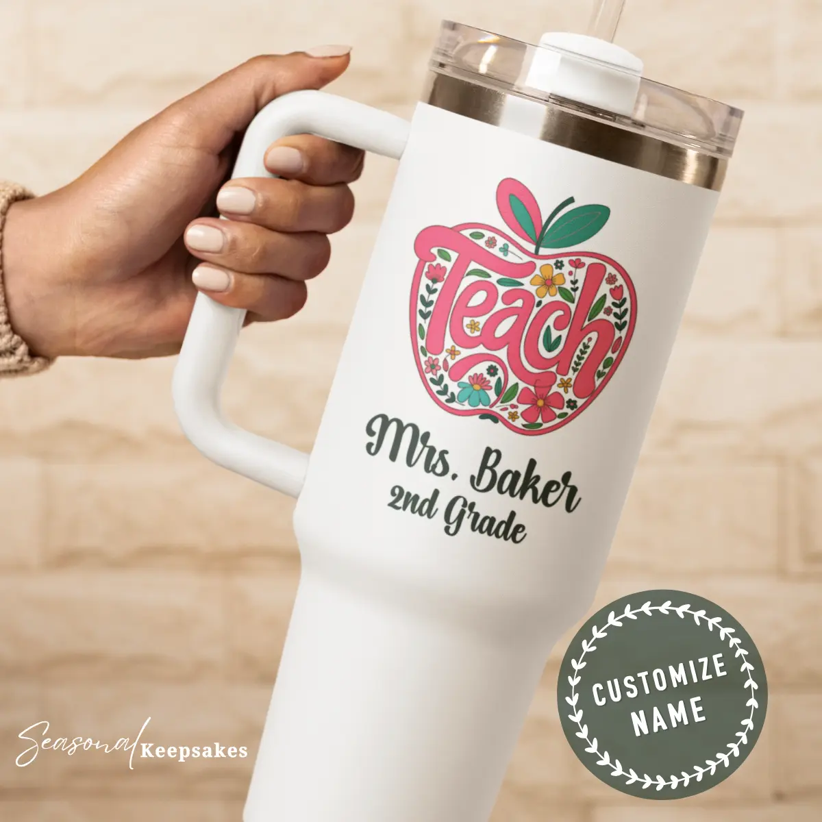 Seasonal Keepsakes Insulated Stainless Steel 40OZ Teacher Travel Tumbler Personalized with Name Teach Design