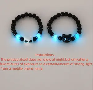 Cute Cat Head Matching Bracelets for Couples - Glow-in-the-Dark Black & White Cat Design - Perfect Gift for Cat Lovers - Stylish Friendship Bracelets for Women & Men