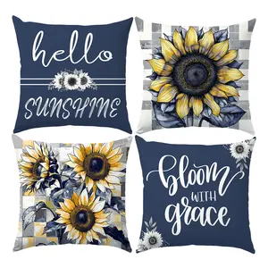 Summer Sunshine Sunflower Illustration Pattern Pillowcas 4PCS Set , Soft and Comfortable Living Room Bedroom Sofa Decoration Cushion Cover, Suitable for Interior Outdoor Decorative Pillowcases (excluding pillow core）