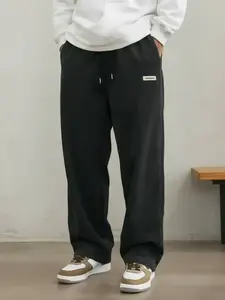 Men's Letter Patched Drawstring Waist Pants Comfy Straight Leg Trousers for Daily Wear, Casual Street Trousers, Men's Bottoms for All Seasons