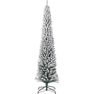 Flocked Pencil Christmas Tree - Slim Pencil Xmas Tree with LED Light, Hinged Branches and Metal Stand, for Home Office Indoor Outdoor Holiday Decorations