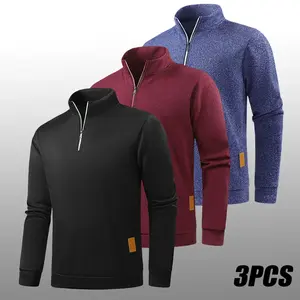Pack of 3 men’s fleece half-zip sports shirts, casual solid-color stand-collar pullovers, long sleeves, 100% polyester, slightly stretchy knit fabric, suitable for autumn and winter, hiking and outdoor use, regular fit