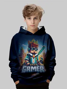 Pixel Style Boys' Digital Print Graphic Hoodie, Outdoor Perfect Choice, Wear-Resistant Fabric, Casual Fitted Design for Fall & Winter
