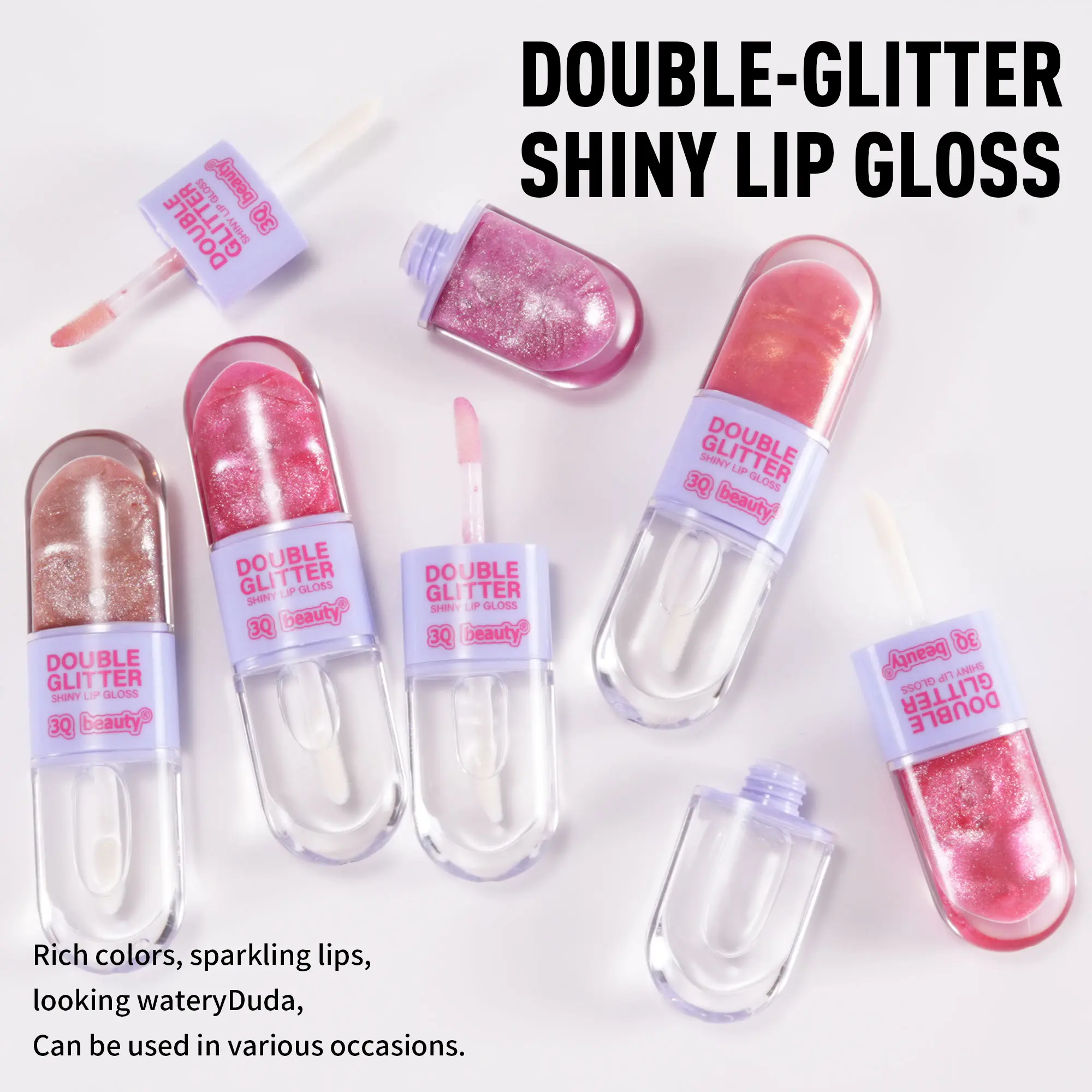Women's 6-Color 3Q Beauty Double Glitter Lip Gloss Set - Hydrating, Plumping, Non-Sticky, Long-Lasting Sparkle Lip Glaze Kit