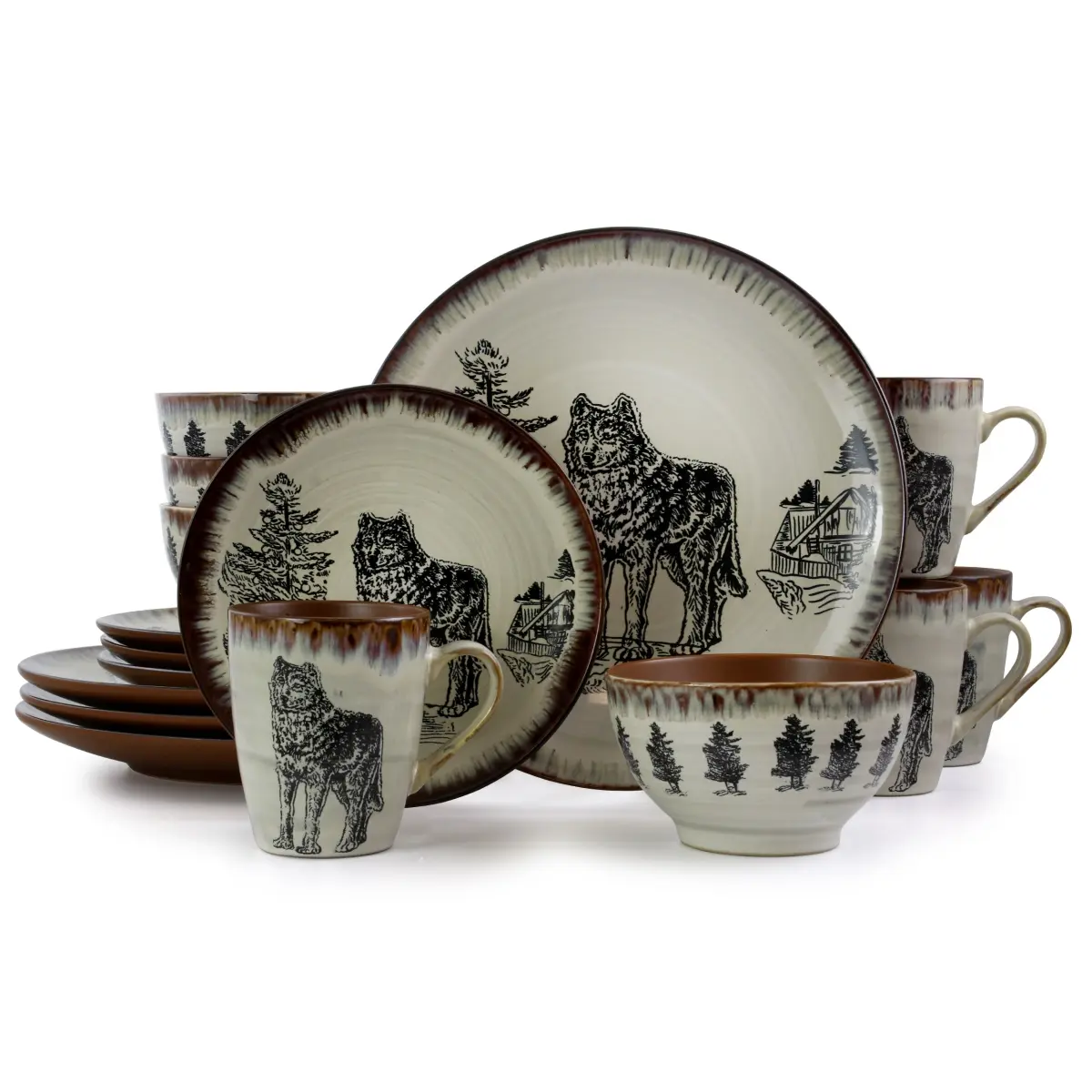 Majestic Wolf Luxurious Stoneware Dinnerware with Complete Setting for 4 - 16 Piece