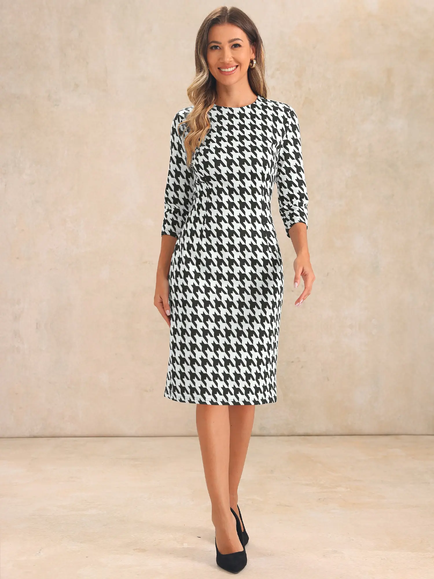 INSPIRE CHIC Women's Elegant 3/4 Sleeve Bodycon Work Dresses Vintage Houndstooth Dress