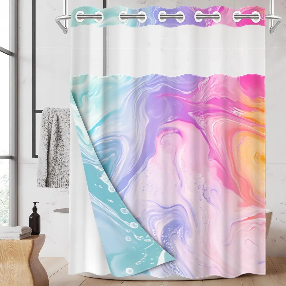 1pc hookless shower curtain with buckle lining, pink, blue, and orange color fluid gradient design, 2D flat printing, fabric waterproof lining, see-through double-layer shower curtain, 71 x 74 inches, modern home draping curtain, Bathroom Curtains Shower