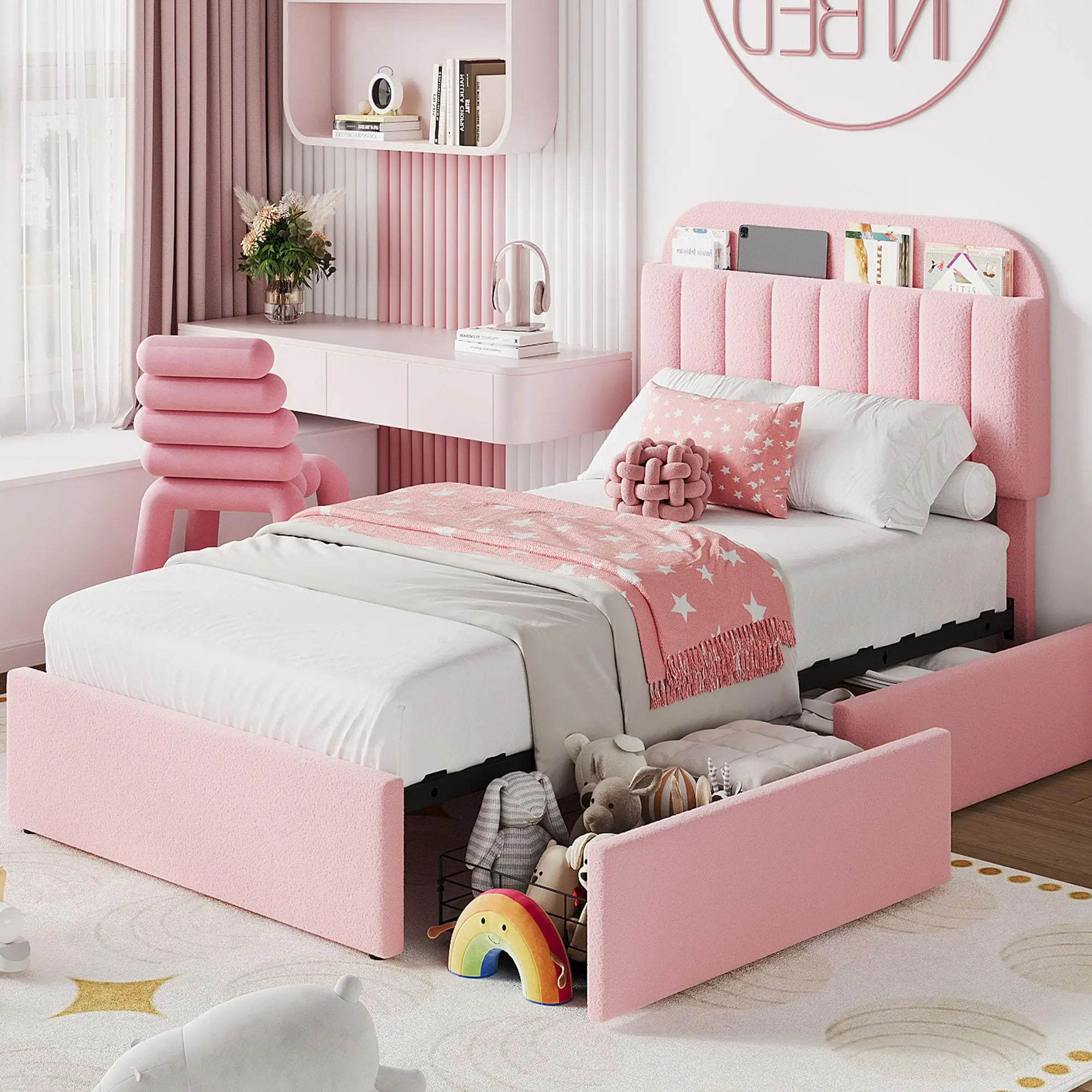 Bed Frame for Kids, Boucle Upholstered Platform Bed for Girls with 2 Flexible Drawers,Bookcase Headboard,Easy Assembly,No Box Spring Needed twin  xl  bed