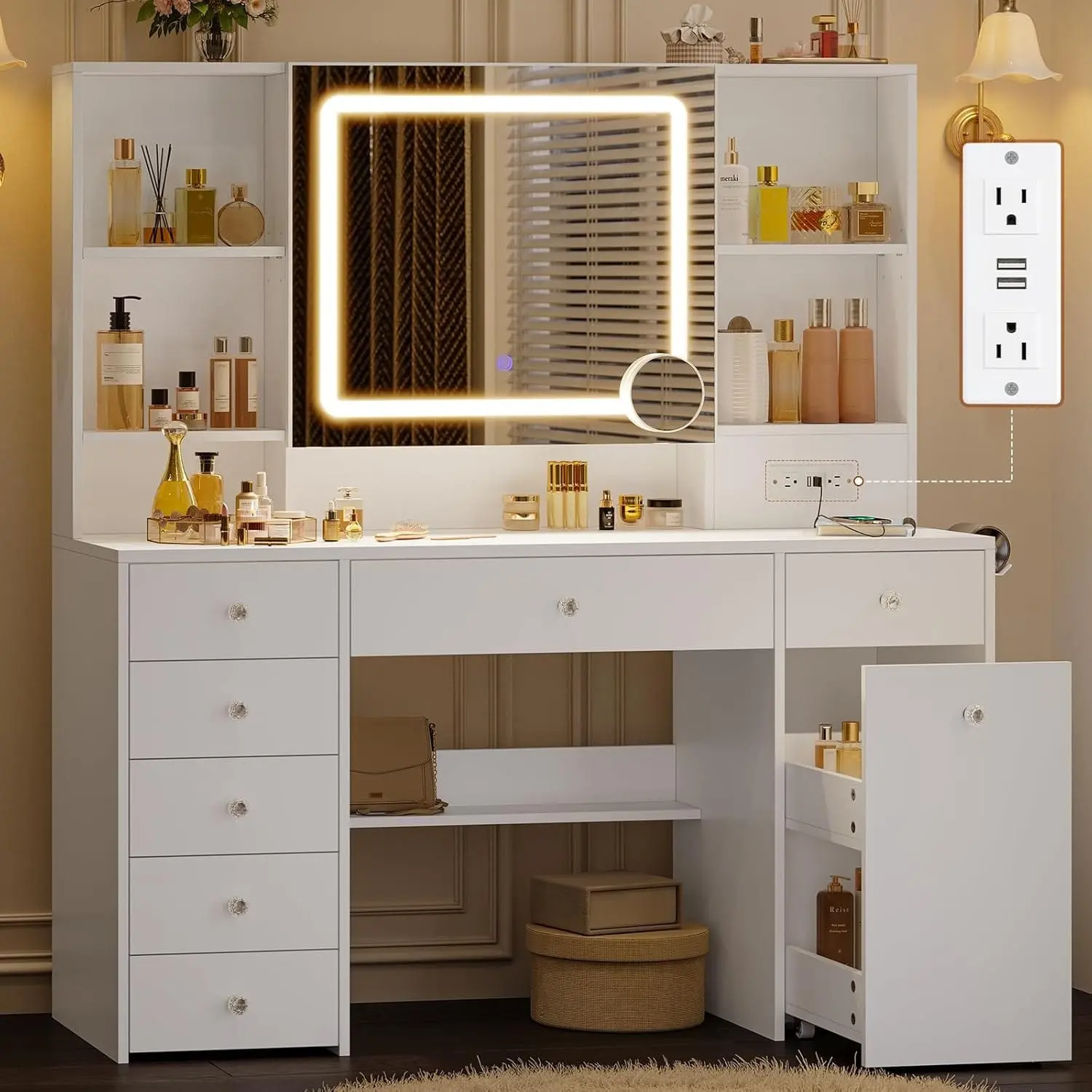 Sikaic 47.2” Large Vanity Desk with Mirror and Lights, Power Outlet, 7 Drawers, Pull-Out LED Mirror with 3 Light Modes, Brightness Adjustable, Rolling Makeup Cart, Crystal Handles, Hairdryer Rack, White Summerwins