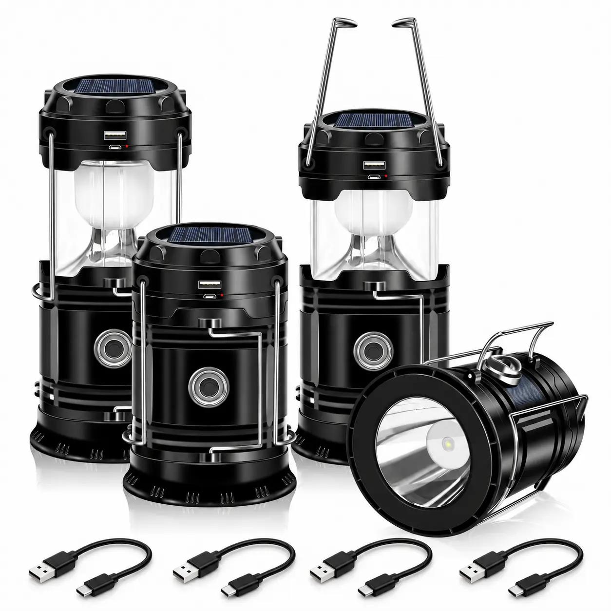 XTAUTO  4-Pack Collapsible Portable LED Camping Lantern, Lightweight Waterproof Solar USB Rechargeable LED Flashlight,Collapsible Flashlight Emergency Lights,Indoor Outdoor Home Emergency Light, Power Outages, Hiking
