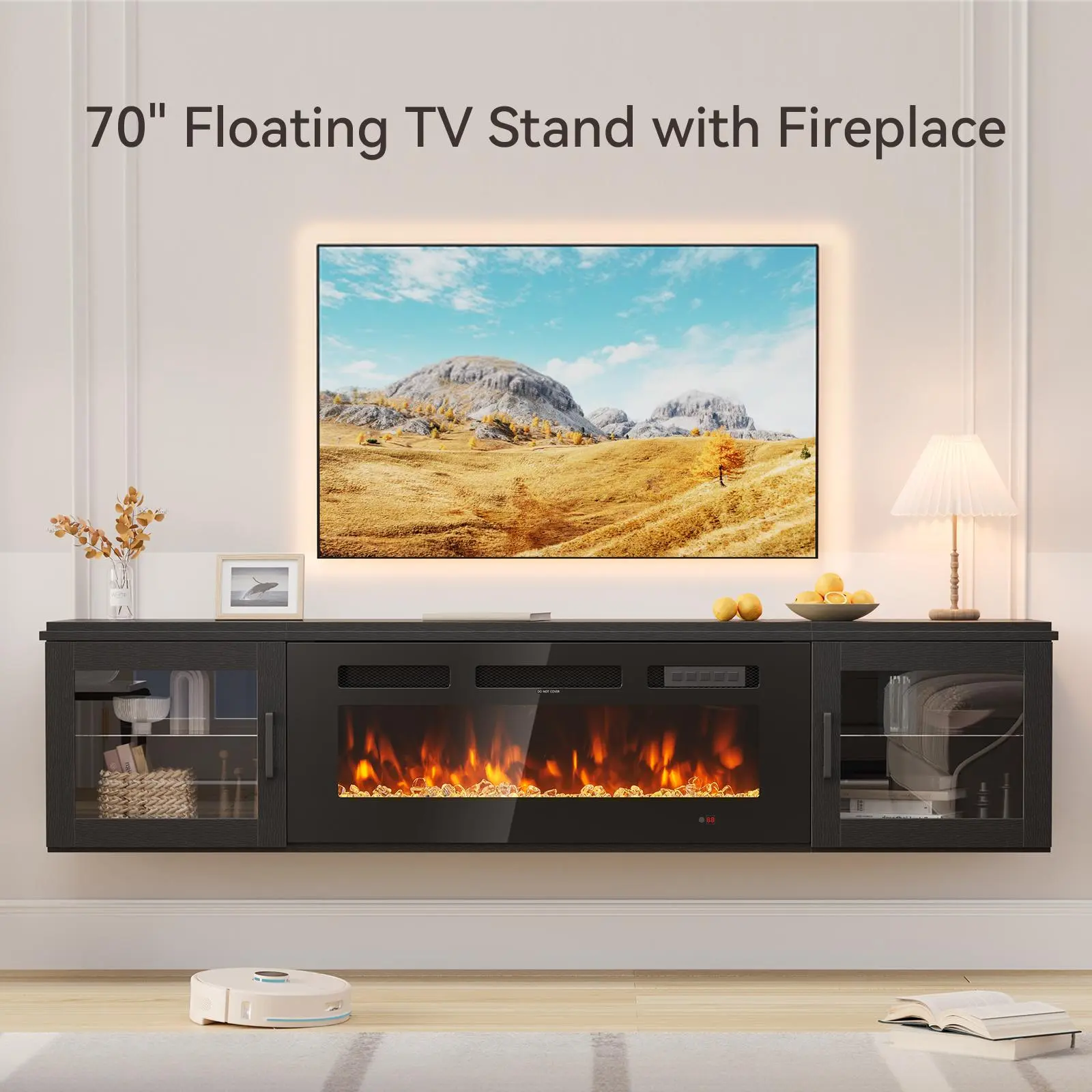 Jolydale 70" Floating TV Stand with 36" Electric Fireplace, High Gloss Finish Wall Mounted Fireplace Entertainment Center with Storage for TVs Up to 80", Black TV Stand and Black Fireplace