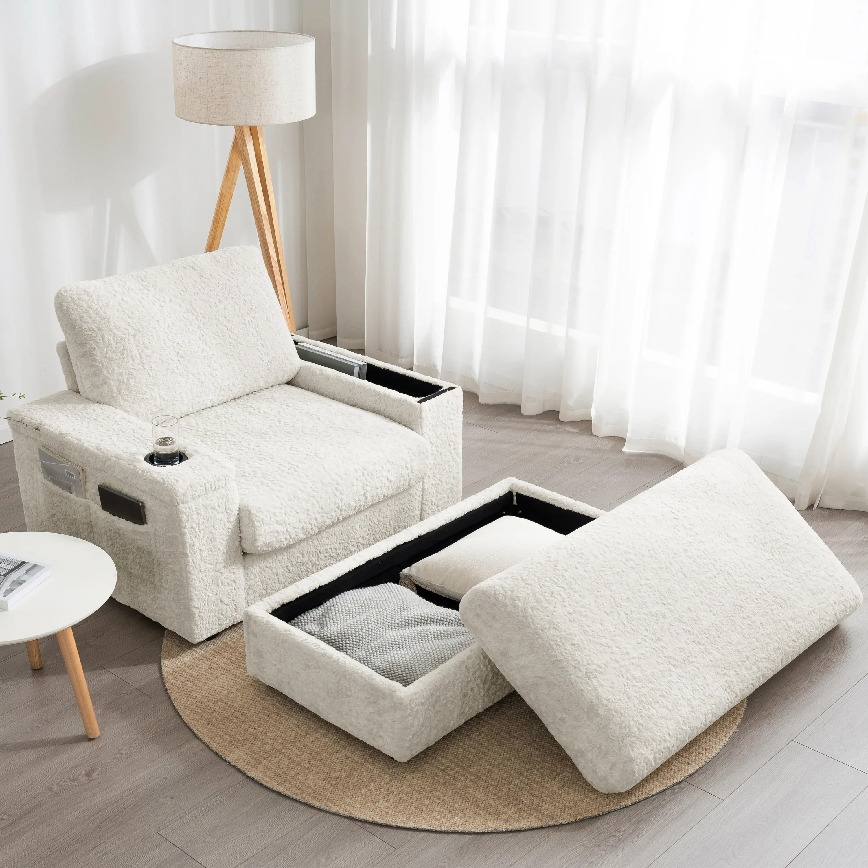 VJIAIEO 42" Oversized Chaise Lounge Indoor,Faux Rabbit Fur Sofa Bed with Storage Ottoman and Armrests,Cup Holders,Upholstered Sleeper Chair,Reading Couch with Deep Seat for Living Room,Bedroom