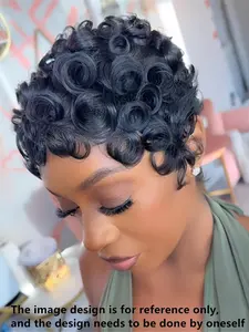 Human Hair Pixie Wigs, Short Curly Wavy Wig with Bangs, Natural, Rose Net Cap, Elegant Style for Women, Glueless Wig