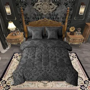 Black Damask Comforter Bed Set,Victorian Bed Bag,7 Pieces Kids Girls Boys Baroque Mandala Paisley Gothic Boho Adults Bed Set,Grey Boho Bedding