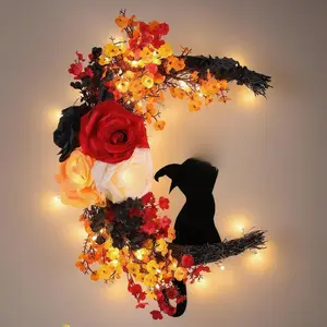 2025 Halloween Wreaths for Front Door Black Cat Halloween Door Wreath White Rose Moon Cat Grapevine Wreath Horror Deocrations Black Wreaths for Home Indoor Outdoor Window Wall Party Decor (Fall) Gifts Hand