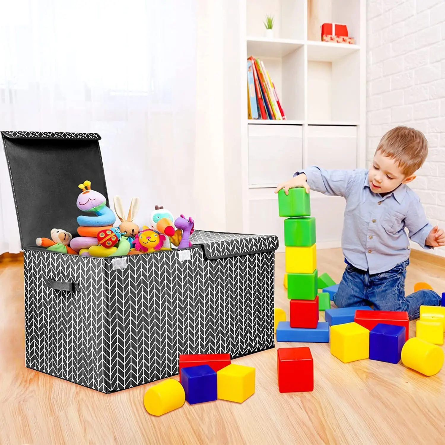 Rocamdo Large Toy Storage Box with Lid & Divider - Sturdy Collapsible Kids Organizer Chest, 25"x13"x16" for Nursery, Playroom, Bedroom (Baby & Maternity Storage Furniture)