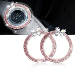2 Transparent Butterfly Car Bling Crystal Rhinestone Engine Start Ring Decals  Sparkling Interior Accessories For Women Push Button Cover Key Ignition Knob Pink1
