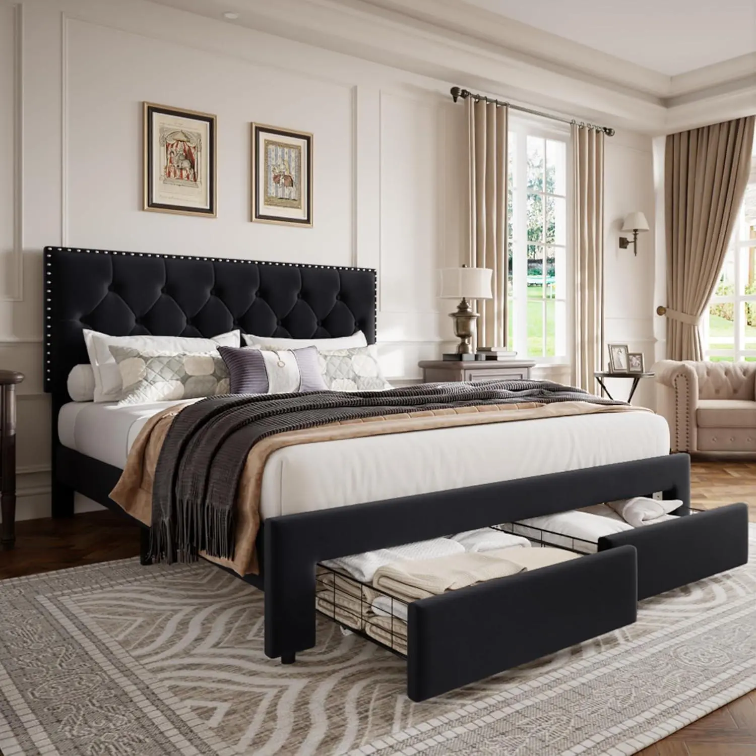 GARVEE Queen Bed Frame with Storage Drawers - Velvet Upholstered Platform Bed, Button Tufted Headboard, Wooden Slat Support, Noise-Free, No Box Spring Needed, Space-Saving Des