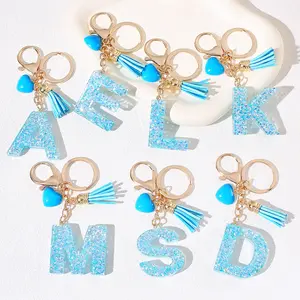 Vibrant Blue Glitter Resin Alphabet Keychain with Tassel and Heart Charm - Stylish Women's Casual Fashion Accessory with Personalized Letter, Gift for Friends, Bag Pendant, Fashionable Unique, Adds a Touch of Elegance to Any Outfit, Trendy Cute Keychain