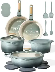 CAROTE 20Pcs Titanium Cookware Set, Pots and Pans Set Non Stick, Kitchen Cooking Set with Detachable Handle, Non Toxic Induction Cookware, Dishwasher/Oven Safe