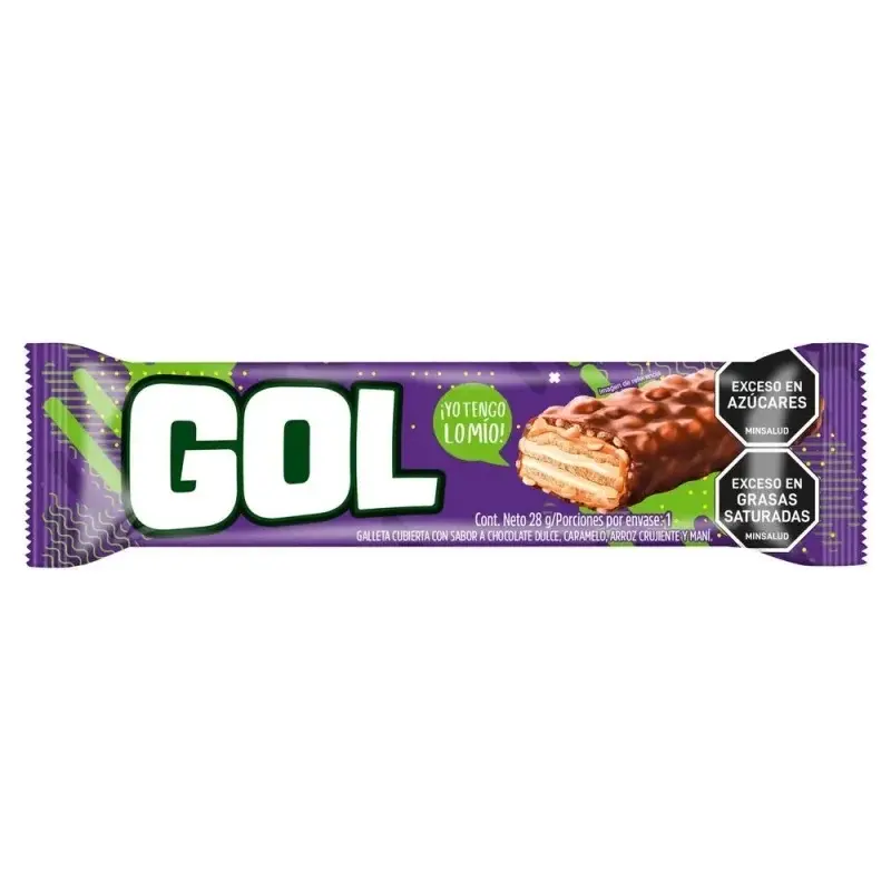 Chocolatina Gol 28 gr Galleta Cubierta con Chocolate Arroz Crujiente Caramelo y Mani