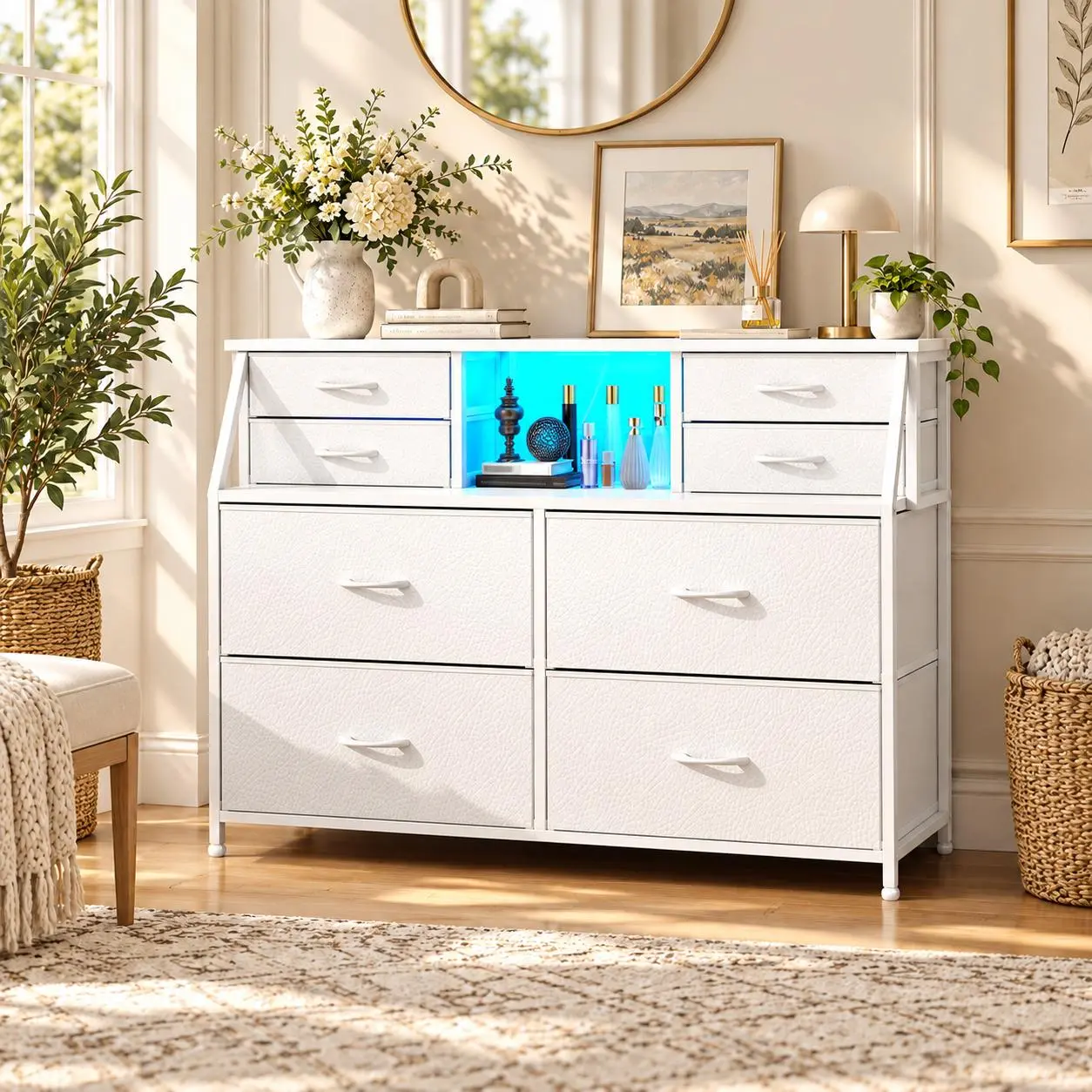 Raybee Furniture 5/8 Drawer Dresser with Charging Station & Led Lights, Fabric Storage Organizer for Bedroom, Storage Drawers with Wooden Top & Open Shelf for Living Room, Entryway, Hallway, Closet