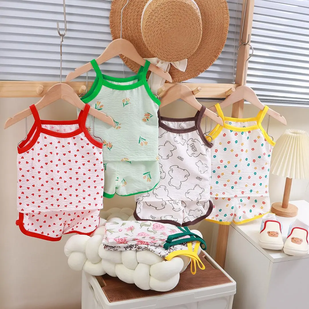 Summer New Children's Strap Suit Korean Style Girl's Cotton Camisole Pajamas Baby's Cute Vest Shorts 2pcs Thin Home Clothes