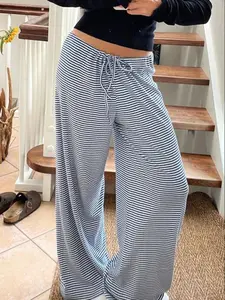 Women's Striped Print Tie Front Wide Leg Pants, Casual Comfy Elastic Drop Waist Trousers for Summer, Fashion Women's Bottoms for Daily Wear