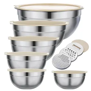 Mixing Bowl Set, 6 PCS Stainless Steel Mixing Bowls with 3 Grinder Attachments, Kitchen Food Organizer Nesting Mixing Bowls Tableware