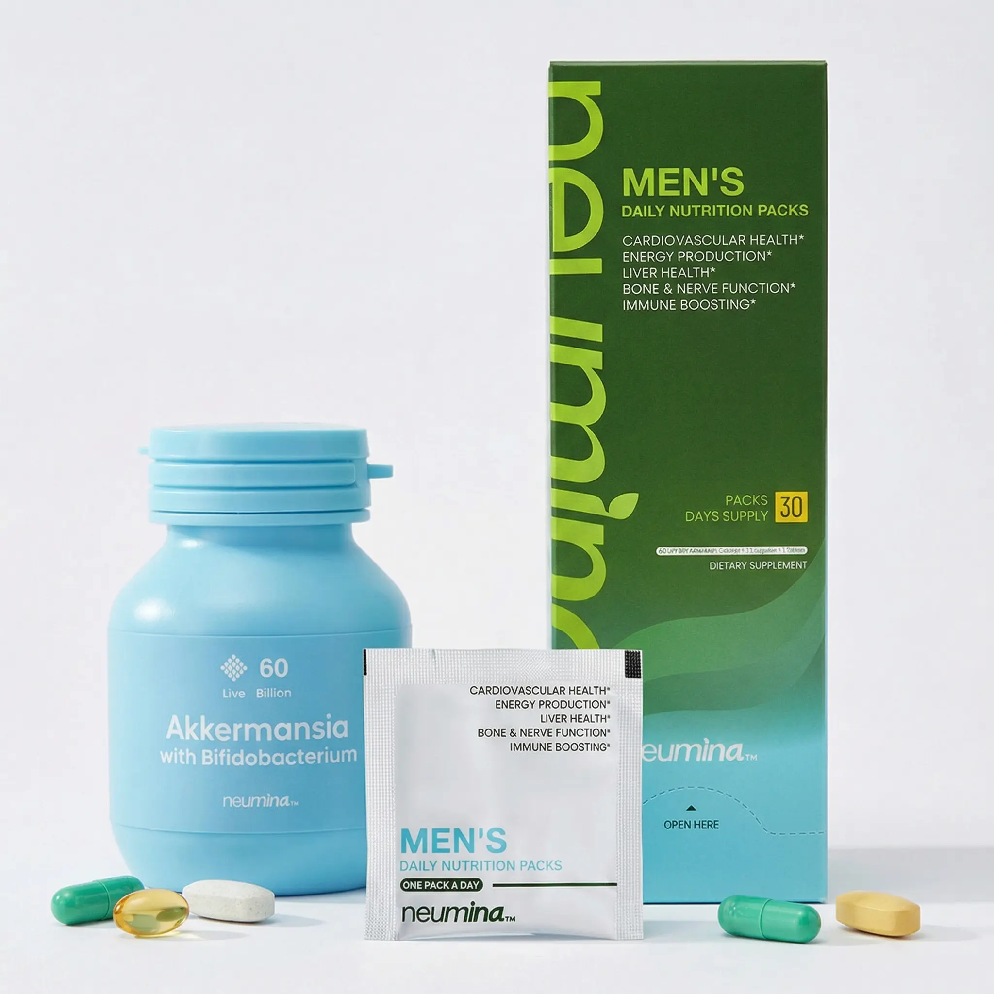 Neumina Men's Wellness Bundle: Daily Nutrition Packs + Akkermansia Supplement for Gut Harmony, Liver Health, Bone & Nerve Function (Made in USA)