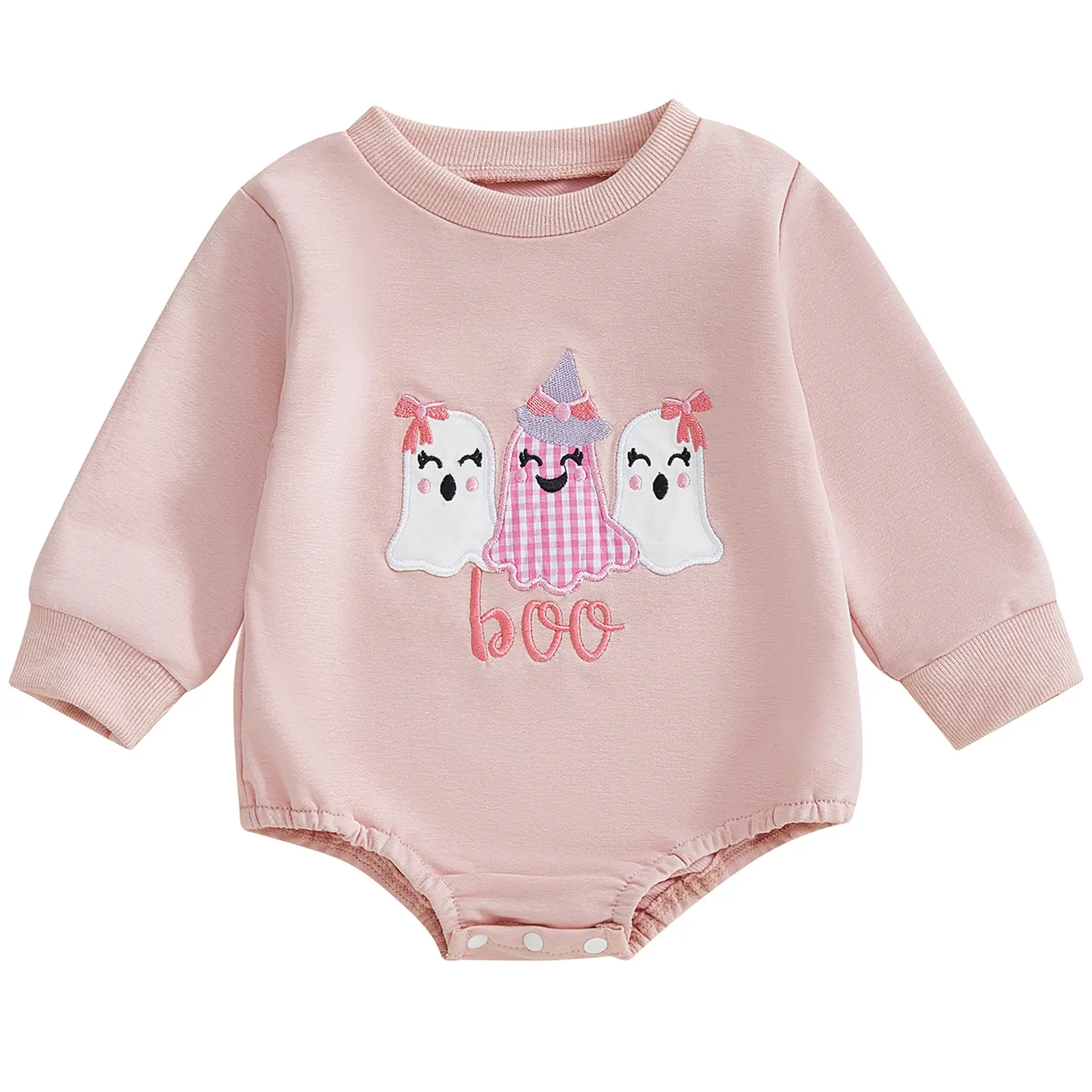 Baby Girl Clothes, Newborn Ghost-Boo Embroidery Crewneck Long-Sleeve Sweatshirt Romper for Fall Halloween