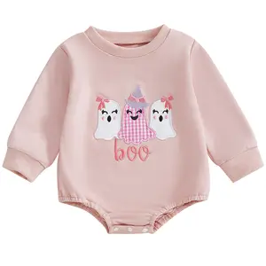 Newborn Baby Girl Fall Outfits Ghost Boo Embroidery Crewneck Long Sleeve Sweatshirt Romper Baby Girl Halloween Outfit