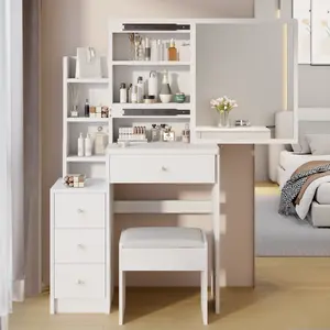 29.2" Small Space Left Bedside Cabinet Vanity Table + Cushioned Stool,Multi Layer High Capacity Storage, Practical Fashionable Dresser, Suitable For Small Space vanity  set bedside cabinet Modern Flip-Up Makeup Vanity Desk