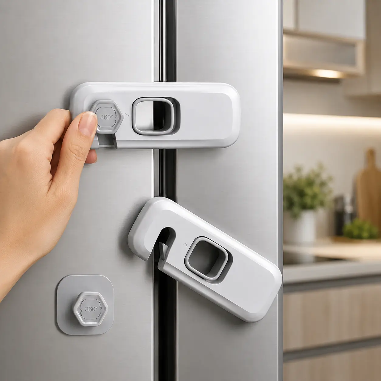 5Pcs 360° Rotatable Cabinet Safety Locks, Childproof Refrigerator Lock with Trace-Free Adhesive Stickers, No Drill Child Safety Lock for Touch-Open Fridge, Freezer and Single Door Storage Cabinets
