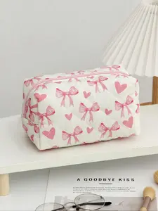 Cute Bow & Heart Pattern Makeup Bag, Large Capacity Cosmetic Storage Bag, Zipper Makeup Organizer Pouch, Versatile Storage Bag for Women Travel & Daily Use, Travel Cosmetic Bags