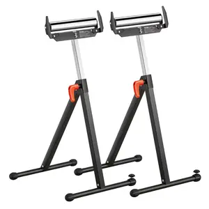 VEVOR 2-Pack Roller Stands,  250 lbs Load Capacity, 27-43 in Adjustable Height, Folding Heavy Duty with Polished Steel Roller Head & Edge Guides, for Table Saw Outfeed Woodworking Extension Support