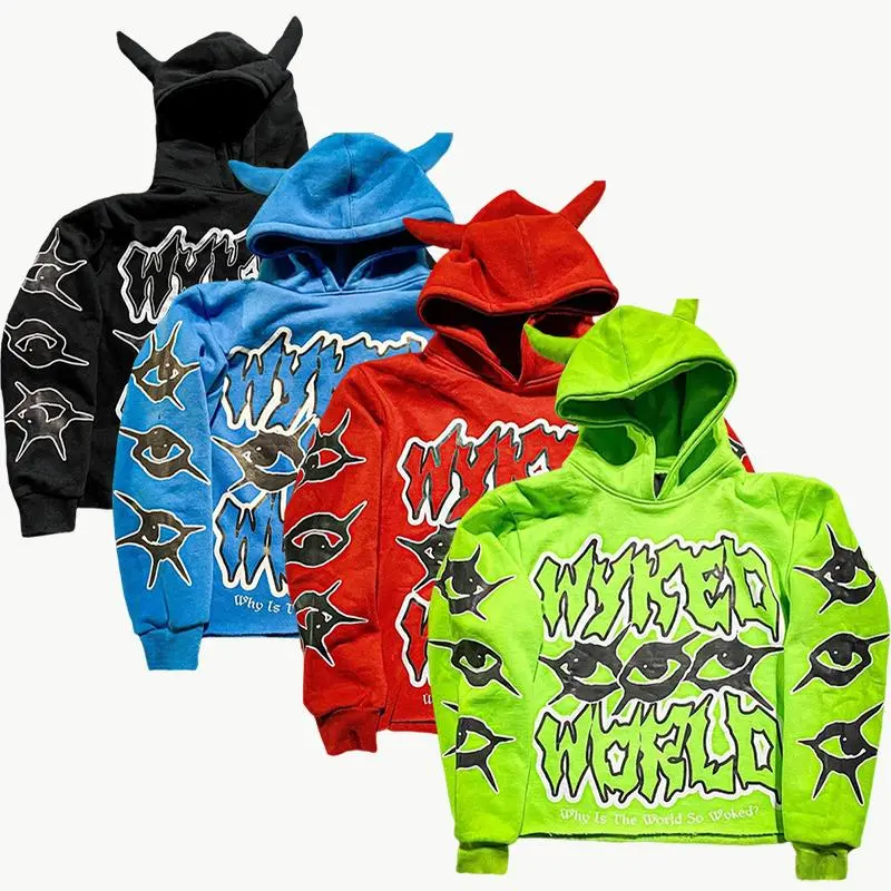Women's Gothic Graphic Hoodie - Neon Green Oversized Long-Sleeve Polyester Pullover with Horns, Foam Digital Print, Breathable Fabric Tops, Streetwear Sweatshirts