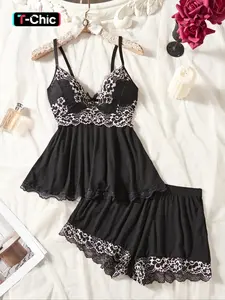 Women's Contrast Lace Bow Decor Cami Top & Shorts Pyjama Set, Sexy Lingerie Comfy Pajama Set for Women, Women's Sleepwear for Summer, Comfy Wear, Nighttime Favorite, Snuggle Ready, Pajama Time, Night In Essential