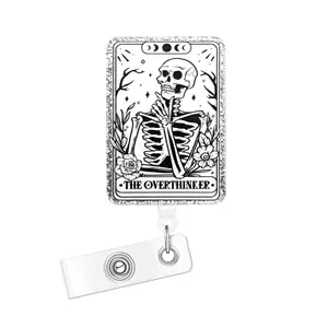 Halloween Expandable Medical Badge Reel with Skeleton & Flower Design, Durable Clip-On ID Holder for Nurses, Doctors, Students, Office Workers