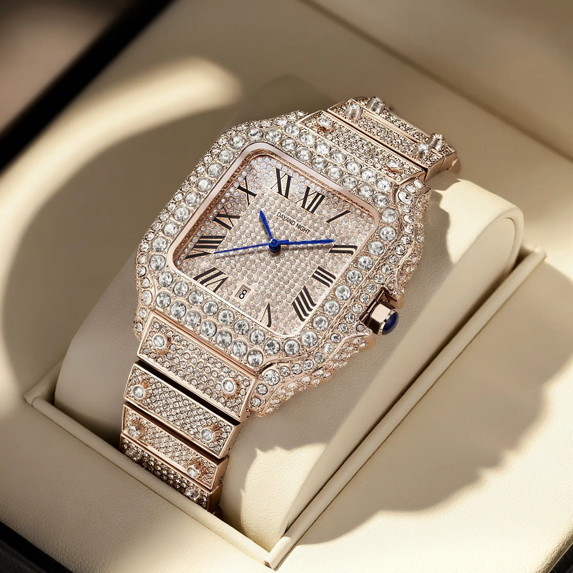 Full-Diamond Moissanite Quartz Watch – Unisex, Waterproof, Roman Numeral Square Dial, Elegant for Work & Casual