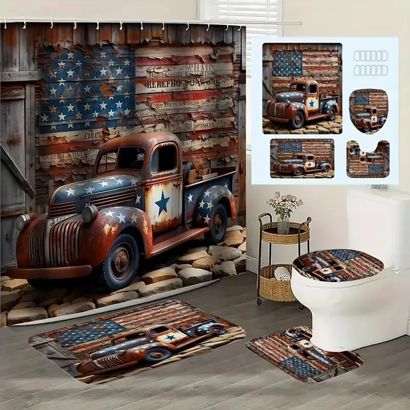 1/4 pcs Retro Truck Theme Design, Exquisite Shower Curtain Set, Non-Slip Mat, U-Shaped Rug, Toilet Seat Cover, Perfect for Bathroom Decor, Beautifies the Space, Bathroom Decoration Accessories, Includes 12 Shower Curtain Hooks