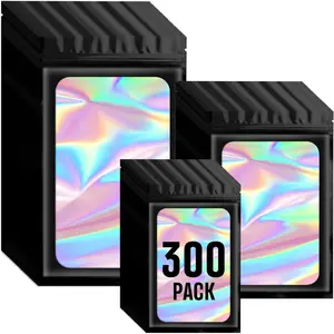300 Pack 3 Size Mylar Holographic  with Clear Window,Resealable  Smell Proof  Zipper Foil Baggie Packaging Pouch for Food Storage,Sample,Small Business(Black,3x4.7,4x6,4.7x7.9in) Organiser Set takeout meal prep storage petfood Cartoon Backpack Goodie Bags