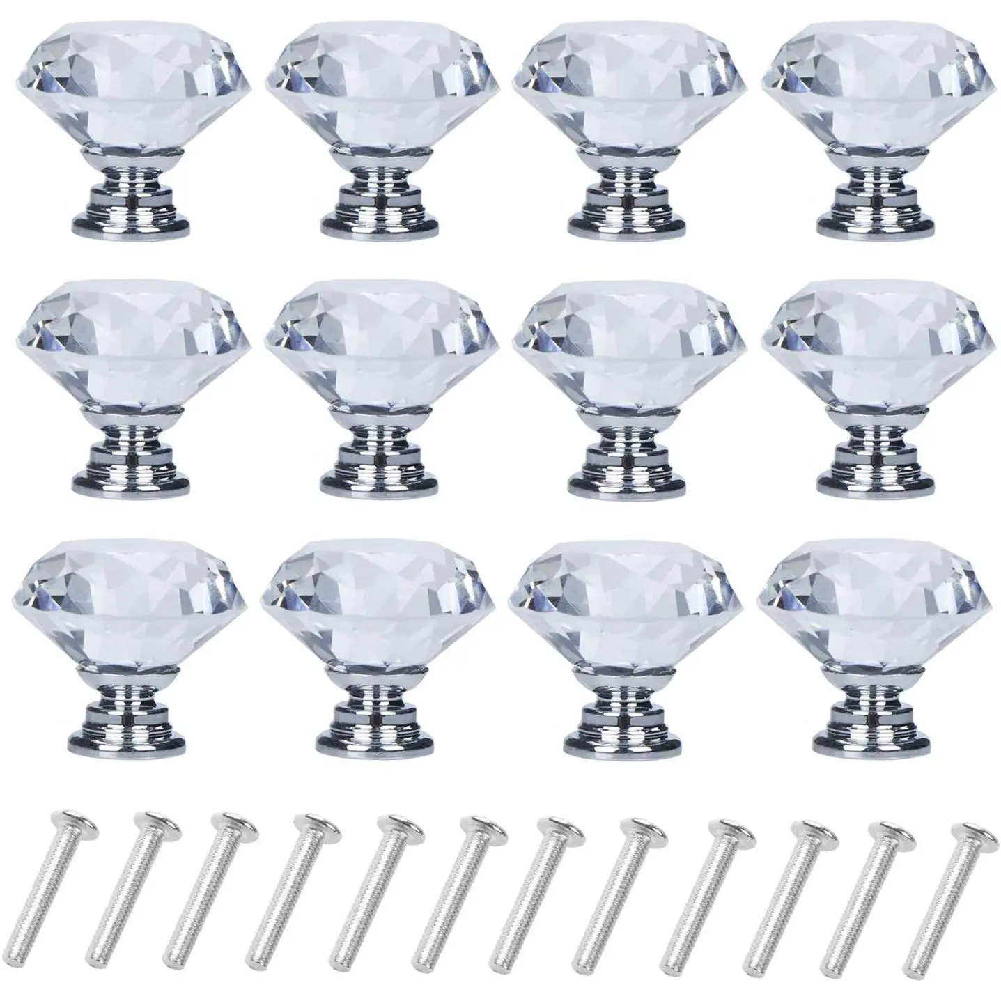 12-Pack Diamond-Shaped Crystal Glass Cabinet Knobs, 30mm Diameter Aluminium Pull Handles – Best Adornment for Dorm, Bathroom, Book-Room Doors & Cabinets (Silver, Rose Gold, All Black)