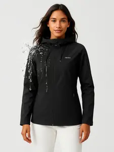 Women's Waterproof Windproof Outdoor Hooded Jacket, Long Sleeve Breathable Softshell Hiking Coat with Zipper Pocket, Lightweight Spring Fall Camping Raincoat
