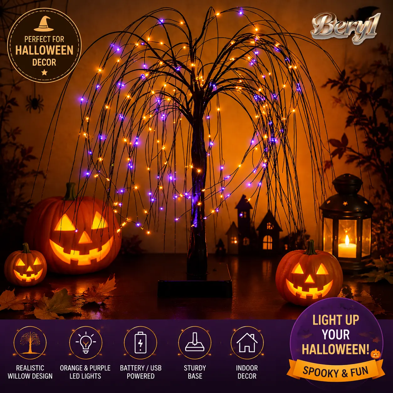 Halloween Willow Tree Lights, Purple and Orange LED Branch Lamp, Spooky Tabletop Décor, USB/Battery Operated, Perfect for Haunted Houses, Parties and Gothic Decorations--Bery1