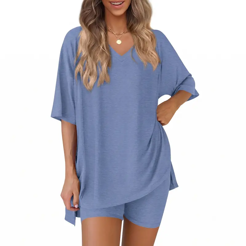 Women's 2 Piece Lounge Sets V Neck Oversized T-Shirts and High Waisted Biker Shorts Matching Sets Summer Outfits 2026 Clothes Casual Wear