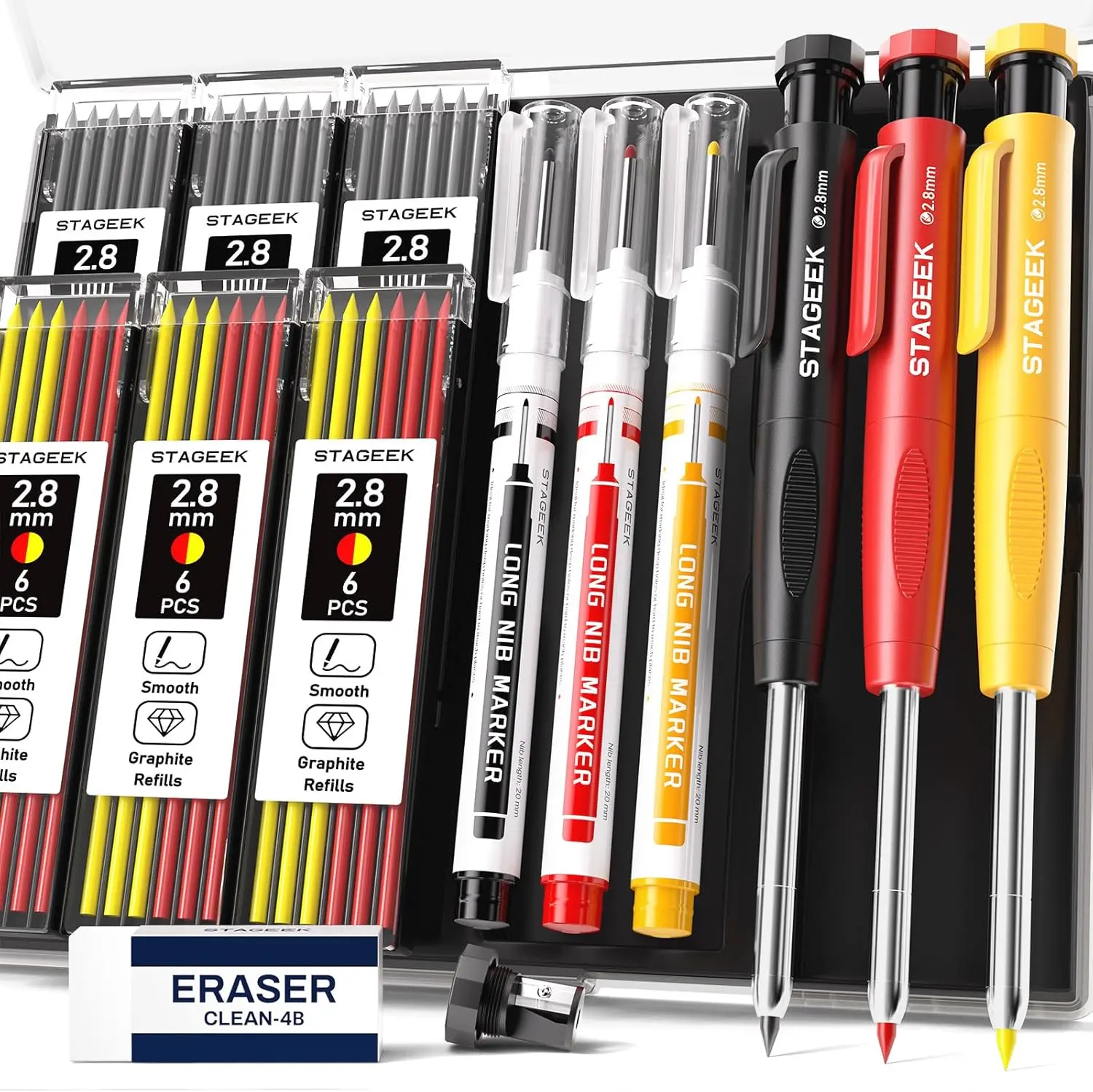 STAGEEK Carpenter Pencils Set with Case, 3PCS Mechanical Carpenter Pencils with 39 Refills, Heavy Duty Construction Pencil with Sharpener, Deep Hole Long Nib Marker Pens for Architect Marking,Preparing for Back to School,back to school shopping