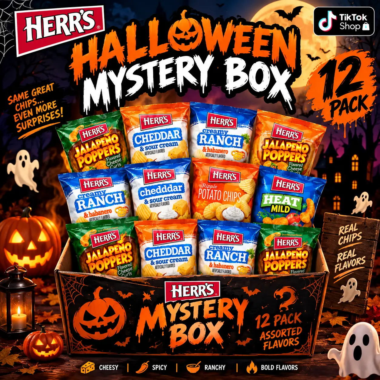 Herr's Halloween Mystery Box 1oz 12 Pack Assorted Chips Variety Snack Box – Cheddar, Ranch, Jalapeño Poppers & More