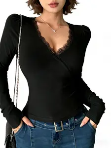 2026 New Fashion Lace Trim Wrap Body V Neck Bubble Sleeve Fitted Women's Top, Y2K Style, Spring & Fall, Solid Pattern