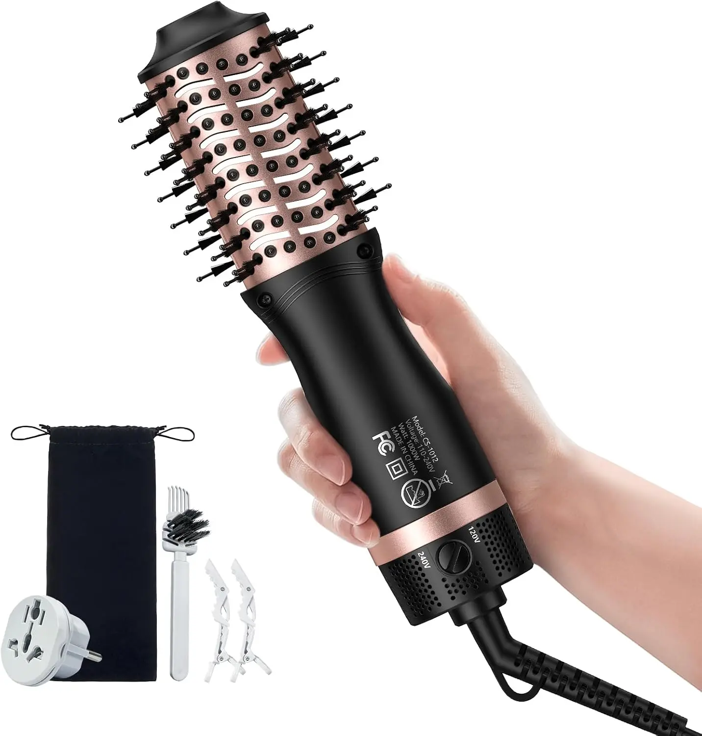 Slopehill Professional Miniature Hot Air Brush Hair Dryer - 1000W Ionic High Speed Airstyler, EU Plug, 2 Heat/Speed Settings, Lightweight Oval Barrel for Blow Out Straight & Straightening Curly Hair, Ideal for Vacations, Safety, Ionizer, Bouncy Curls, Sil